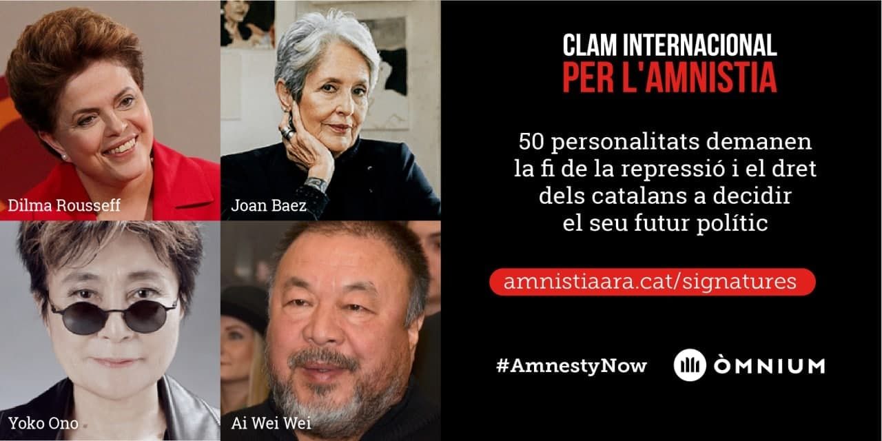 Òmnium Cultural exhibe el apoyo a la amnistía de Yoko Ono, Rousseff y cinco premios Nobel