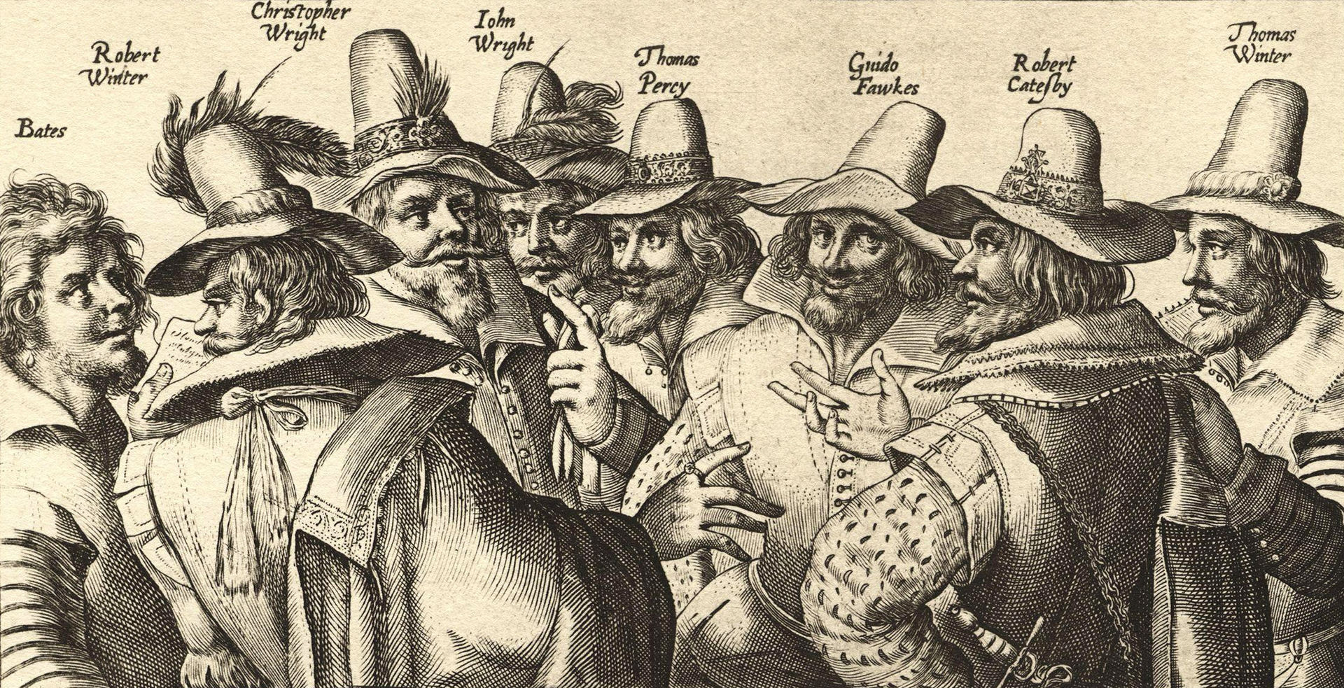 Los conspiradores del Complot de la Pólvora, grabado de Crispijn van de Passe.