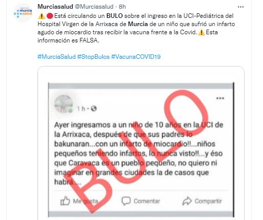 Murcia alerta de un bulo sobre el falso ingreso de un niño tras sufrir un infarto por la vacuna