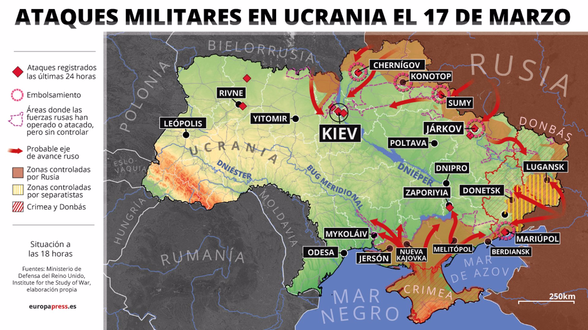 Mapa de Ucrania con los ataques registrados a día de 17 de marzo