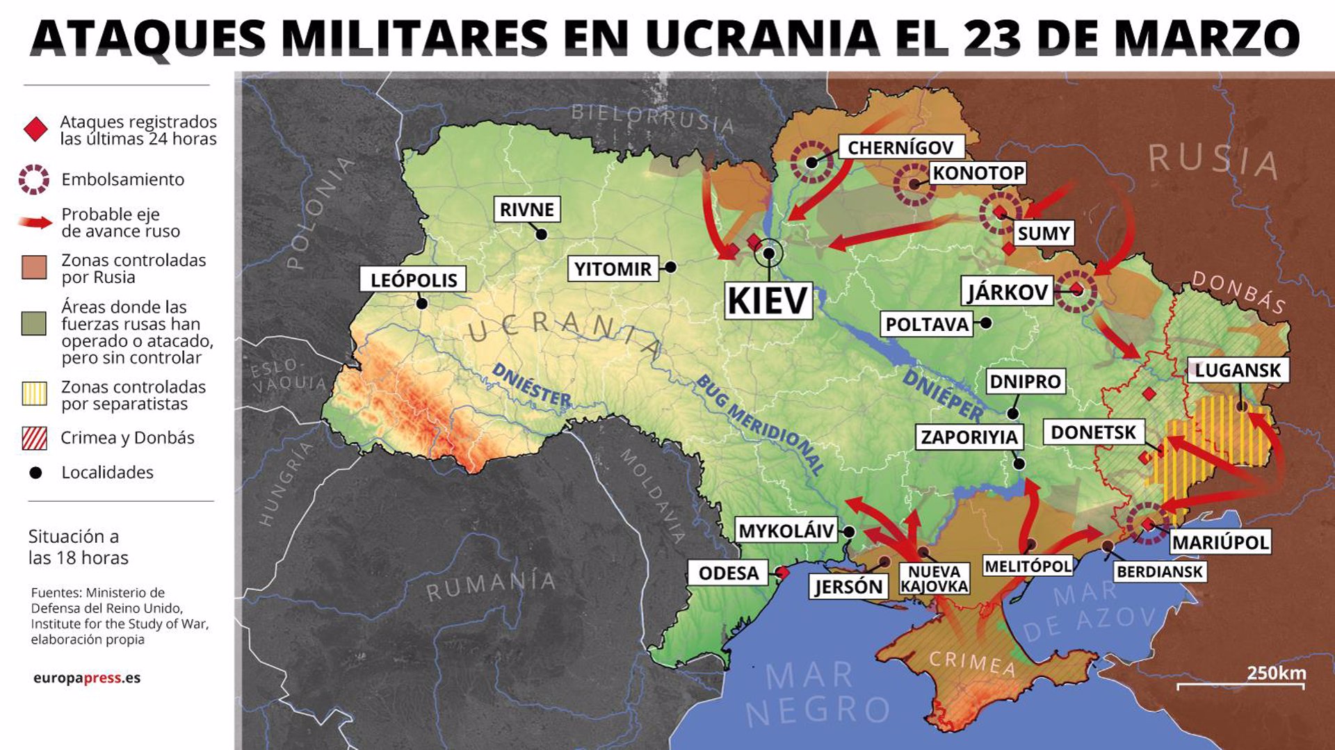 Mapa de los ataques en Ucrania a día 23 de marzo