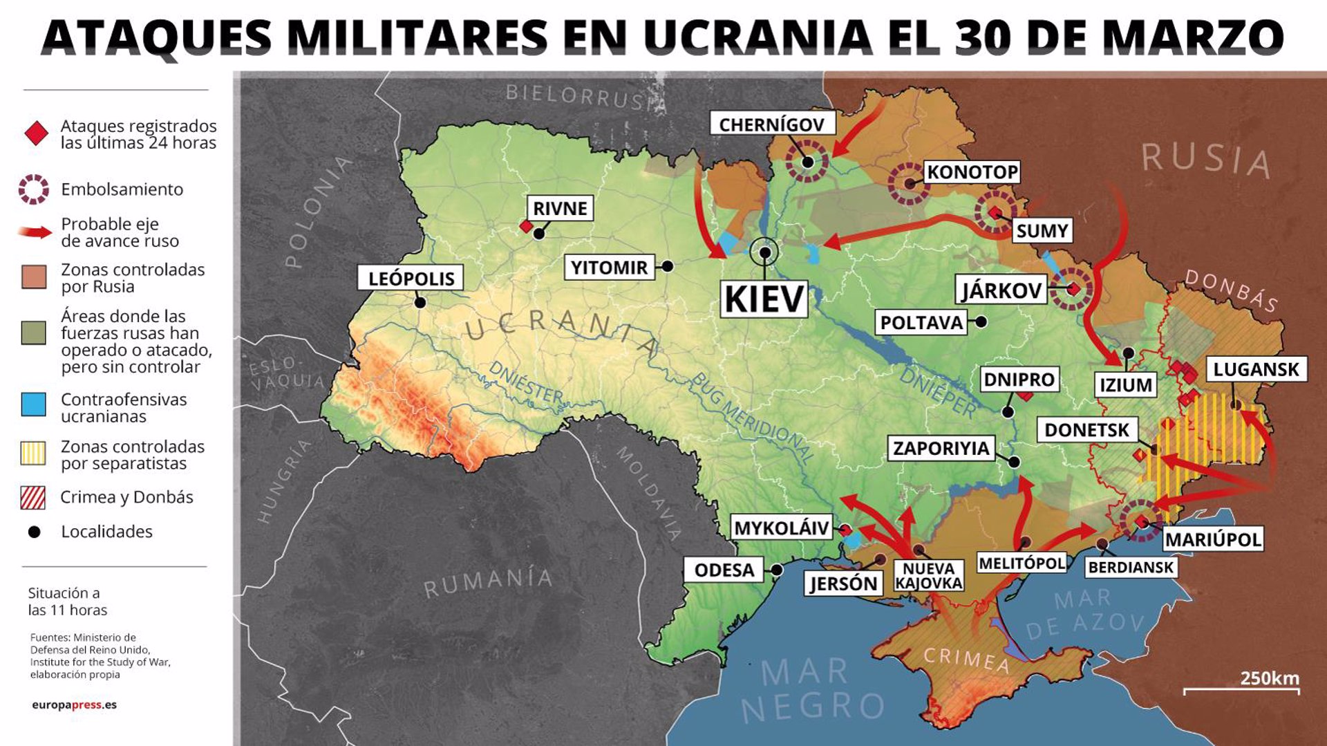 Mapa con ataques militares en Ucrania el 30 de marzo