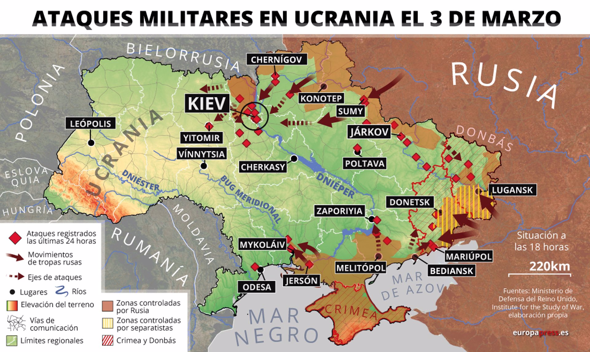 Mapa con ataques militares en Ucrania el 3 de marzo