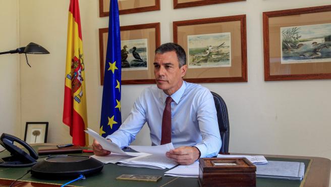 El presidente del Gobierno, Pedro Sánchez, durante una videoconferencia en Moncloa