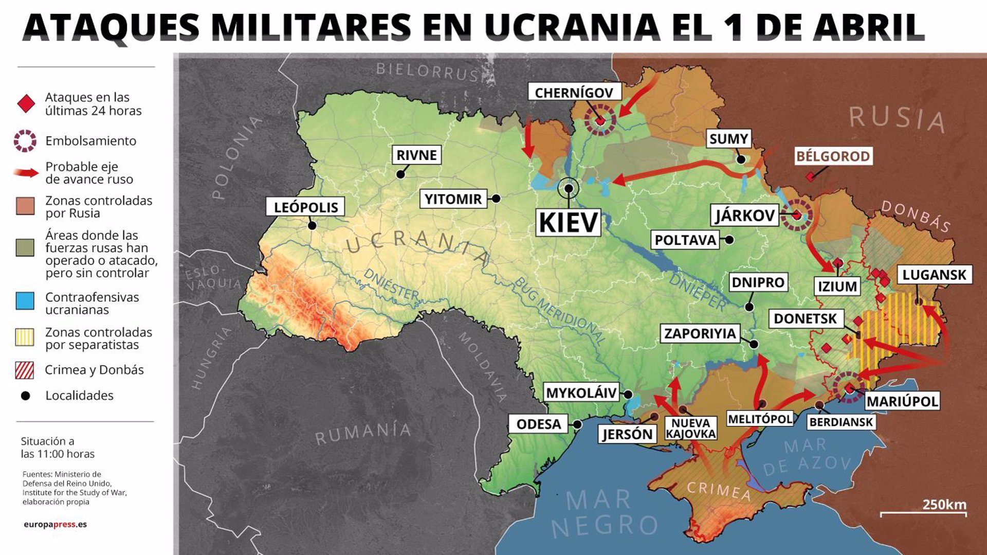 Mapa con ataques militares en Ucrania el 1 de abril