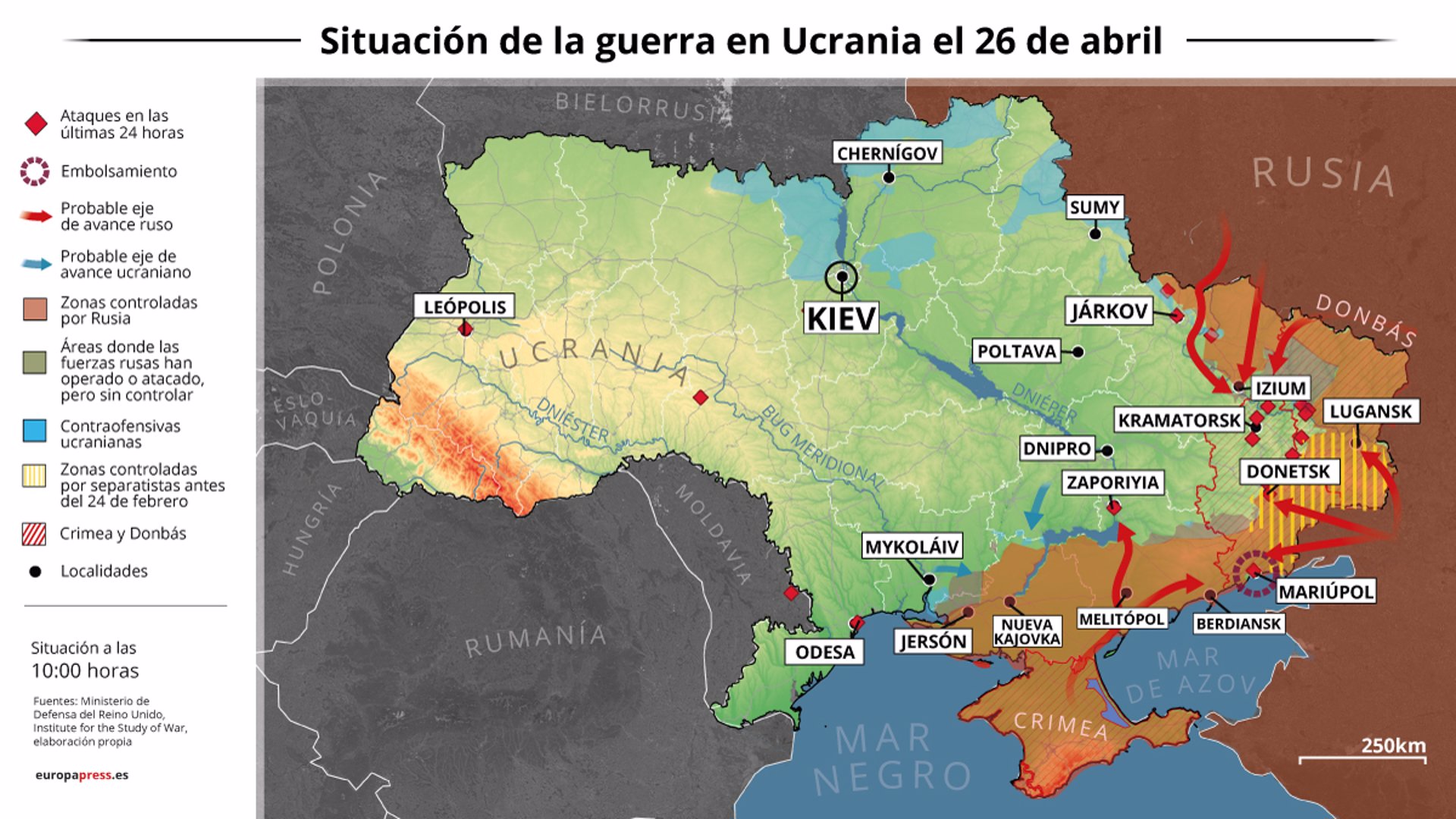 Mapa con la situación de la guerra en Ucrania el 26 de abril de 2022