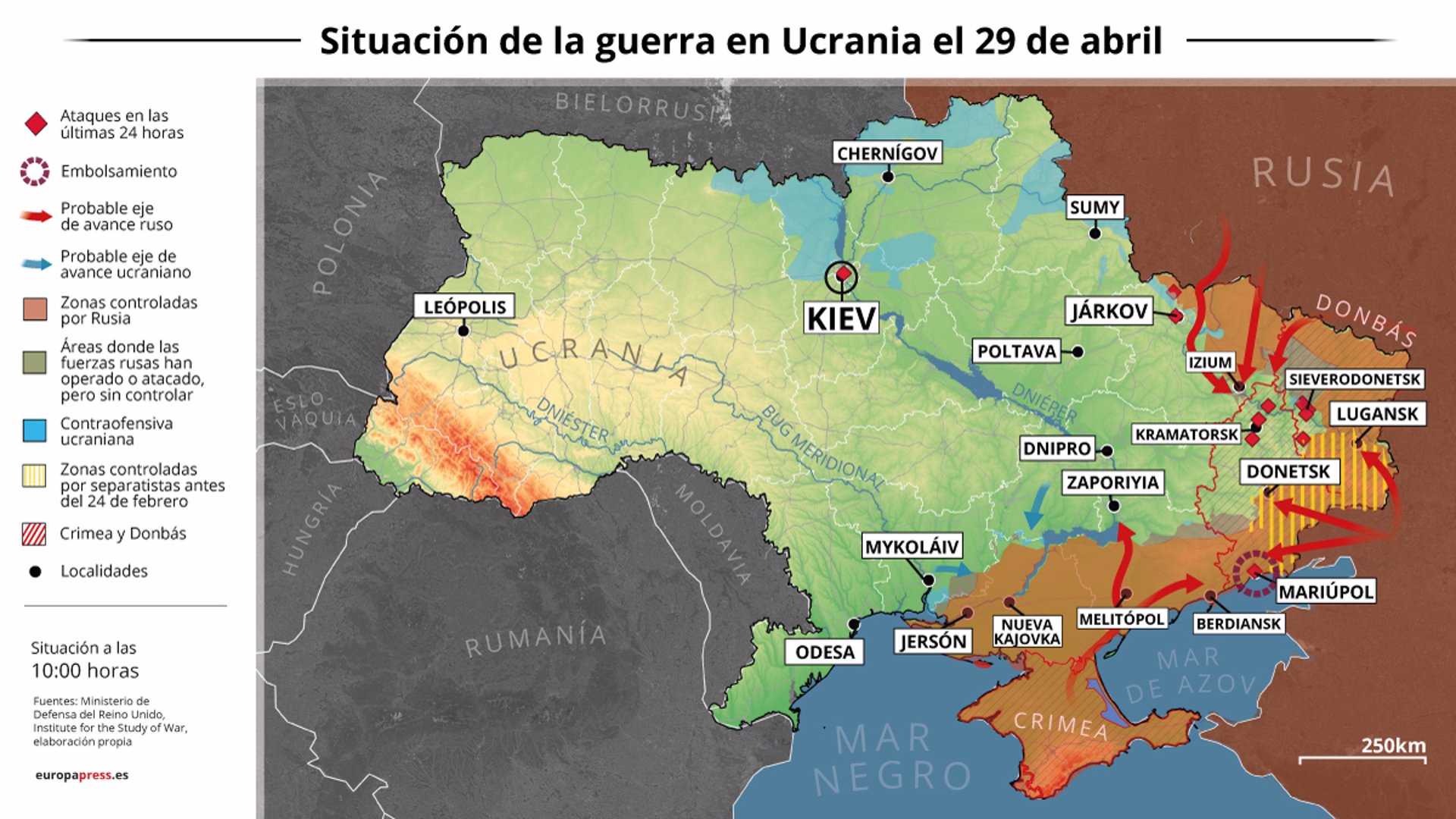 Mapa con la situación de la guerra en Ucrania el 29 de abril de 2022 (Estado a las 10:00 horas). Las Fuerzas Armadas de Ucrania han denunciado este viernes la situación que viven miles de civiles en la acería de Azovstal, situada en la ciudad de Mariúpol (sureste) y el intento de Rusia de continuar con el objetivo de controlar las regiones separatistas de Donetsk y Lugansk.