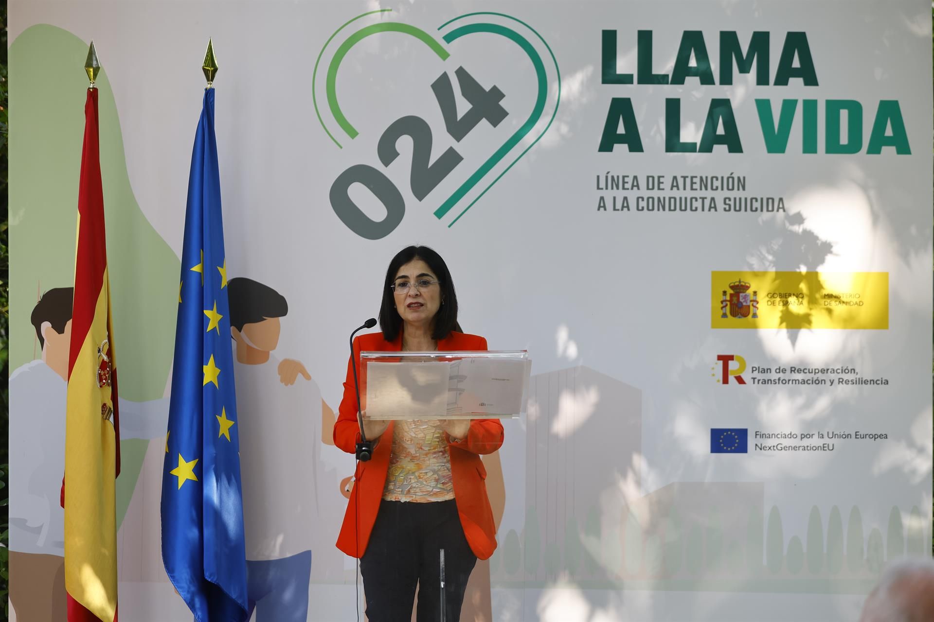 La ministra de Sanidad, Carolina Darias, este lunes en Madrid durante la presentación por parte del Ministerio de Sanidad de la línea 024 de atención a la conducta suicida