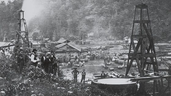 Campo de petróleo en Pensilvania en el año 1862.