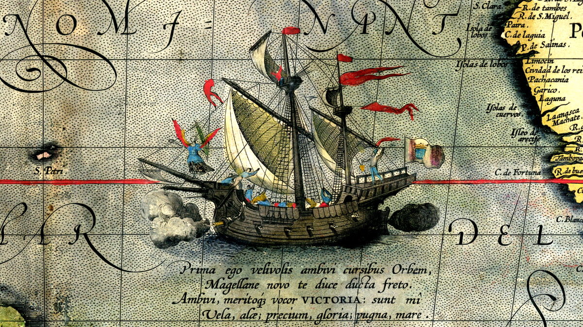 Detalle de un mapa (1590) de Abraham Ortelius que muestra la nave Victoria.