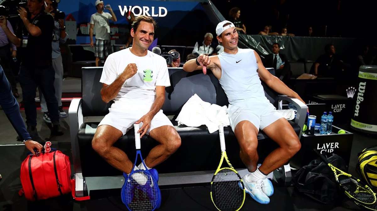 Roger Federer y Rafa Nadal en un entreno de la Laver Cup 2019