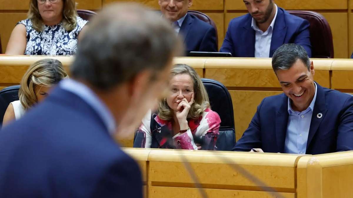 Pedro Sánchez se ríe en el Senado durante una intervención de Alberto Núñez Feijóo
