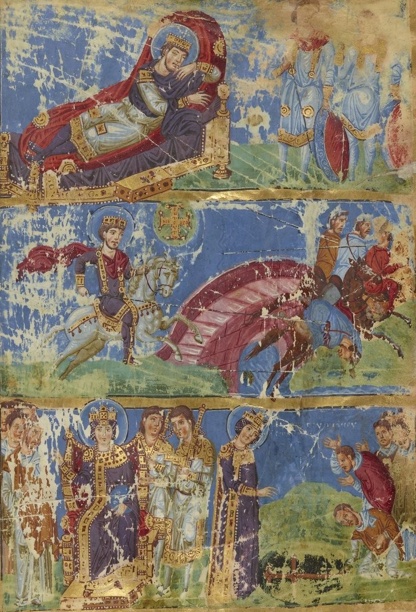Manuscrito ilustrado del Sueño de Constantino y la batalla del Puente Milvio en las homilías de Gregorio Nacianceno. Ca. 879-882. 