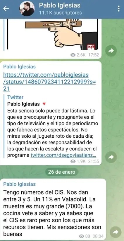 Captura de Telegram en la que Iglesias avanza los datos del CIS