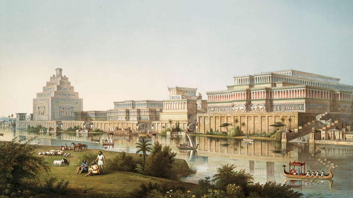 Impresión artística de los palacios asirios de "Los monumentos de Nínive" por Sir Austen Henry Layard, 1853