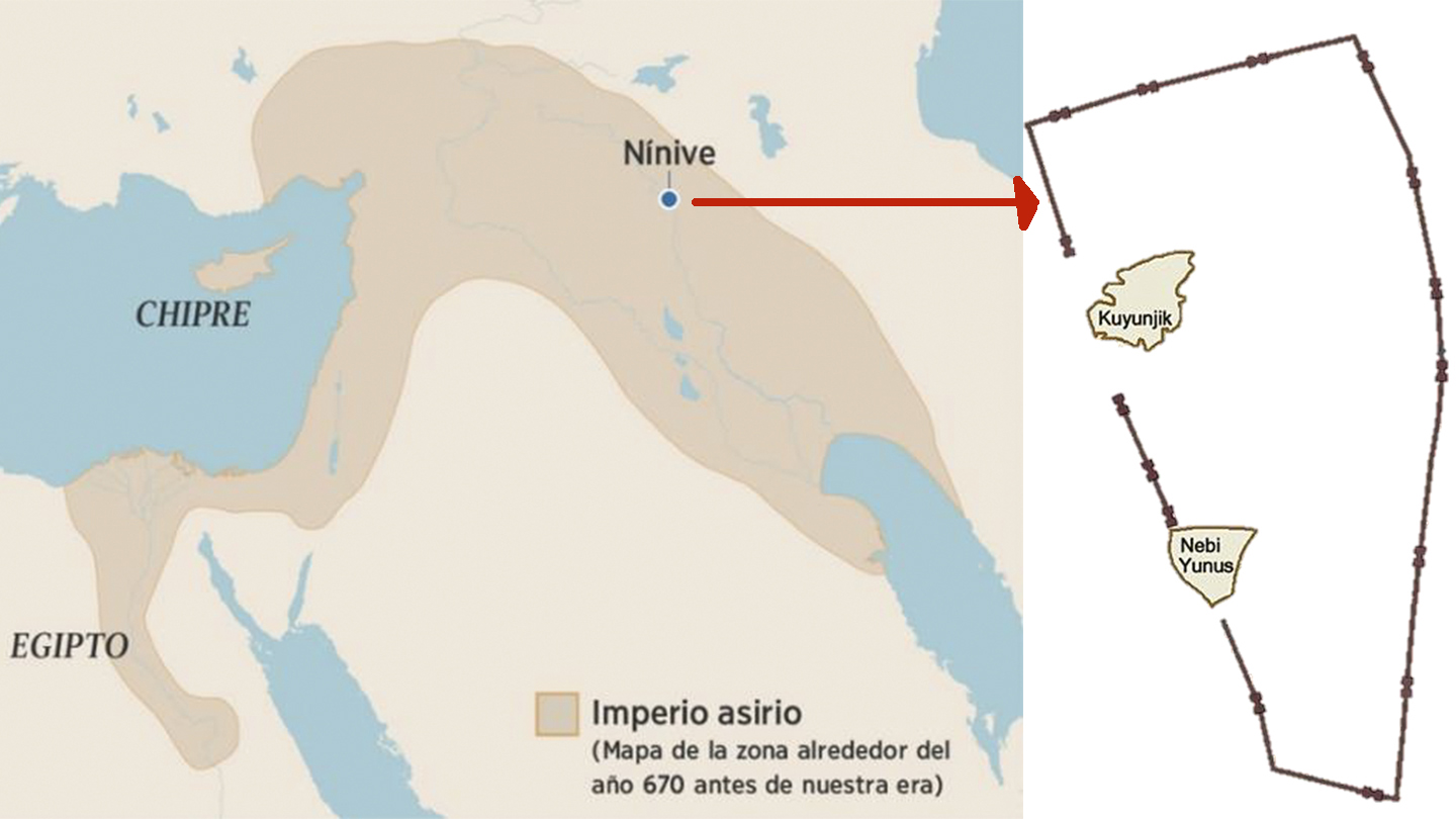 Mapa con la localización de la ciudad de Nínive y plano de la ciudad de Nínive, con los montículos de Kuyunjik y Nebi Yunus.