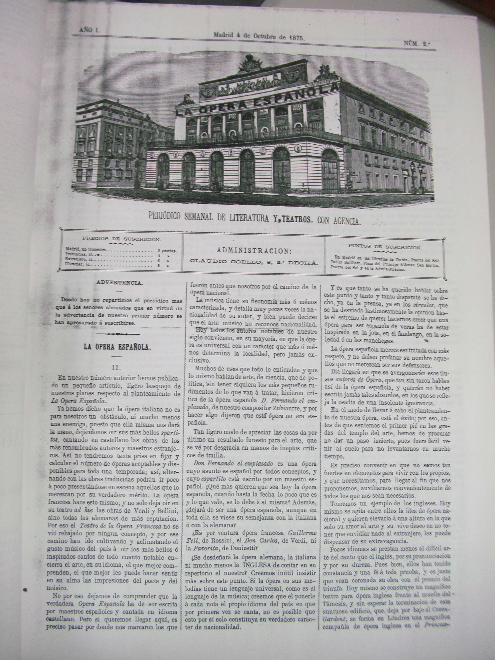 Portada del periódico 'La ópera española'. Madrid, 1875-1876.