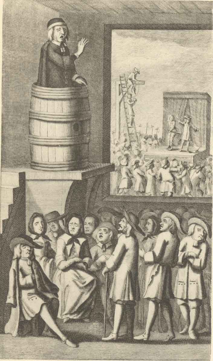 Una ilustración de la obra de Jonathan Swift Historia de una barrica que muestra las tres etapas de la vida humana: el púlpito, el teatro y la horca.