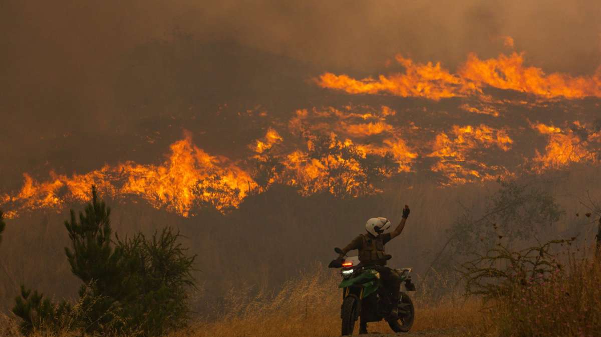 Los bomberos combaten un incendio forestal en sector Rinconada de la comuna de Quillón, región de Ñuble (Chile).