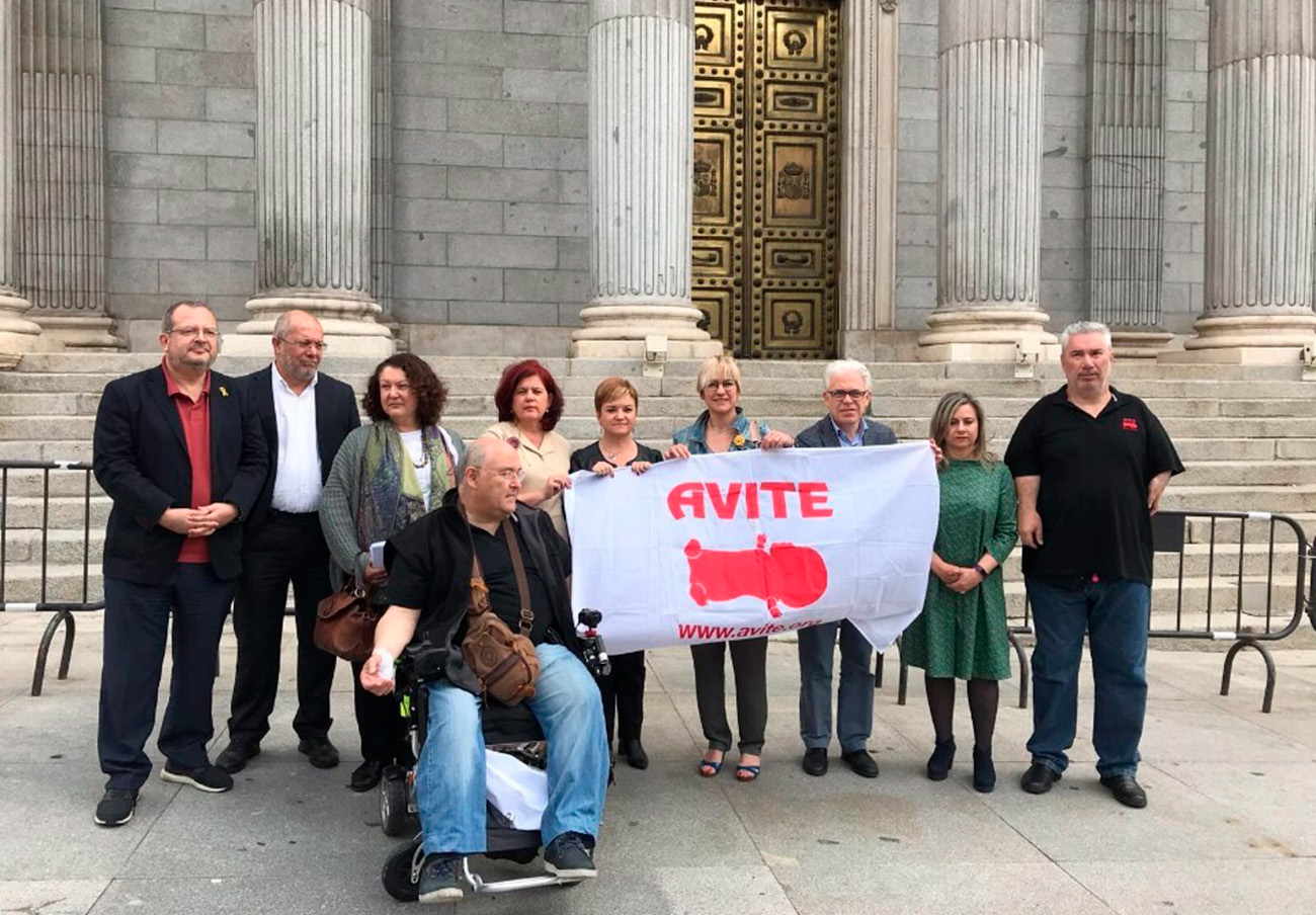 Miembros de la Asociación de Víctimas de la Talidomida en España (Avite) frente al Congreso de los Diputados.