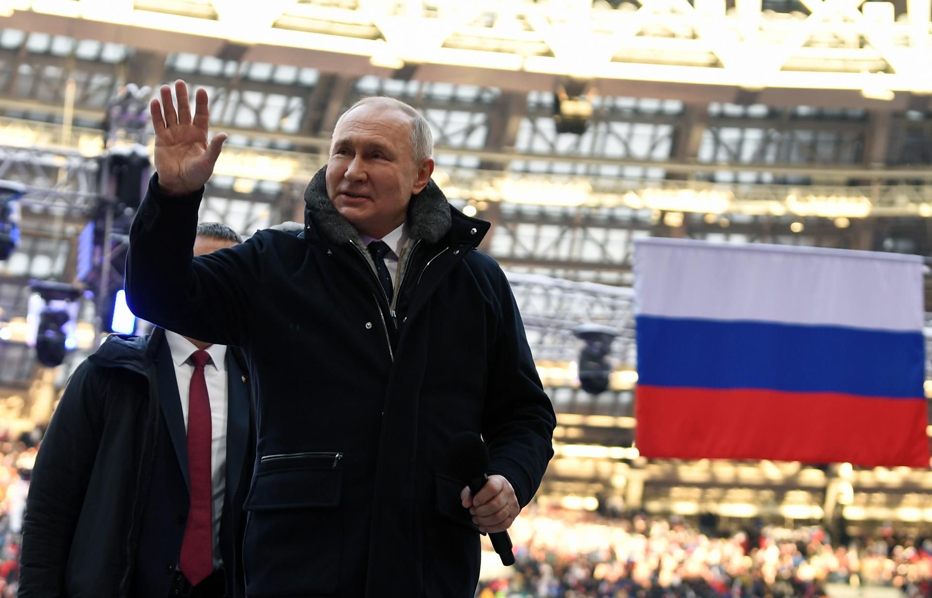 Vladimir Putin, este miércoles en un mitin con motivo del Día del Defensor de la Patria en el Estadio Luzhniki. 