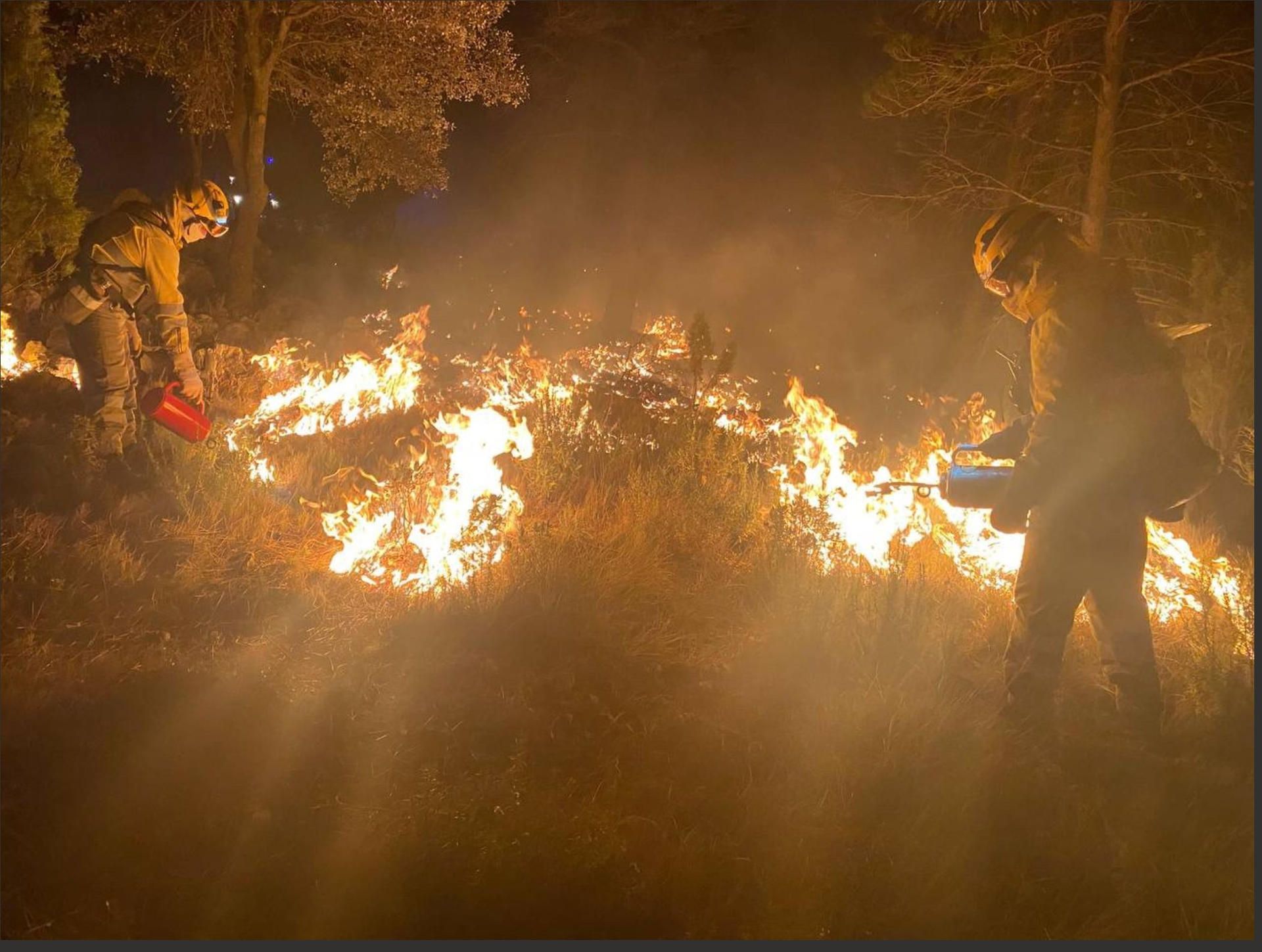 Dos agentes forestales luchan contra el fuego en Castellón.