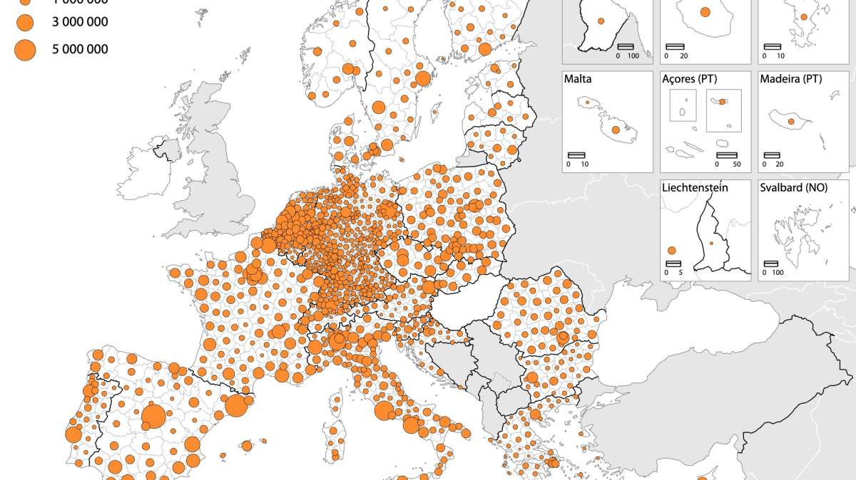 Mapa demográfico de la Unión Europea elaborado por Eurostat.