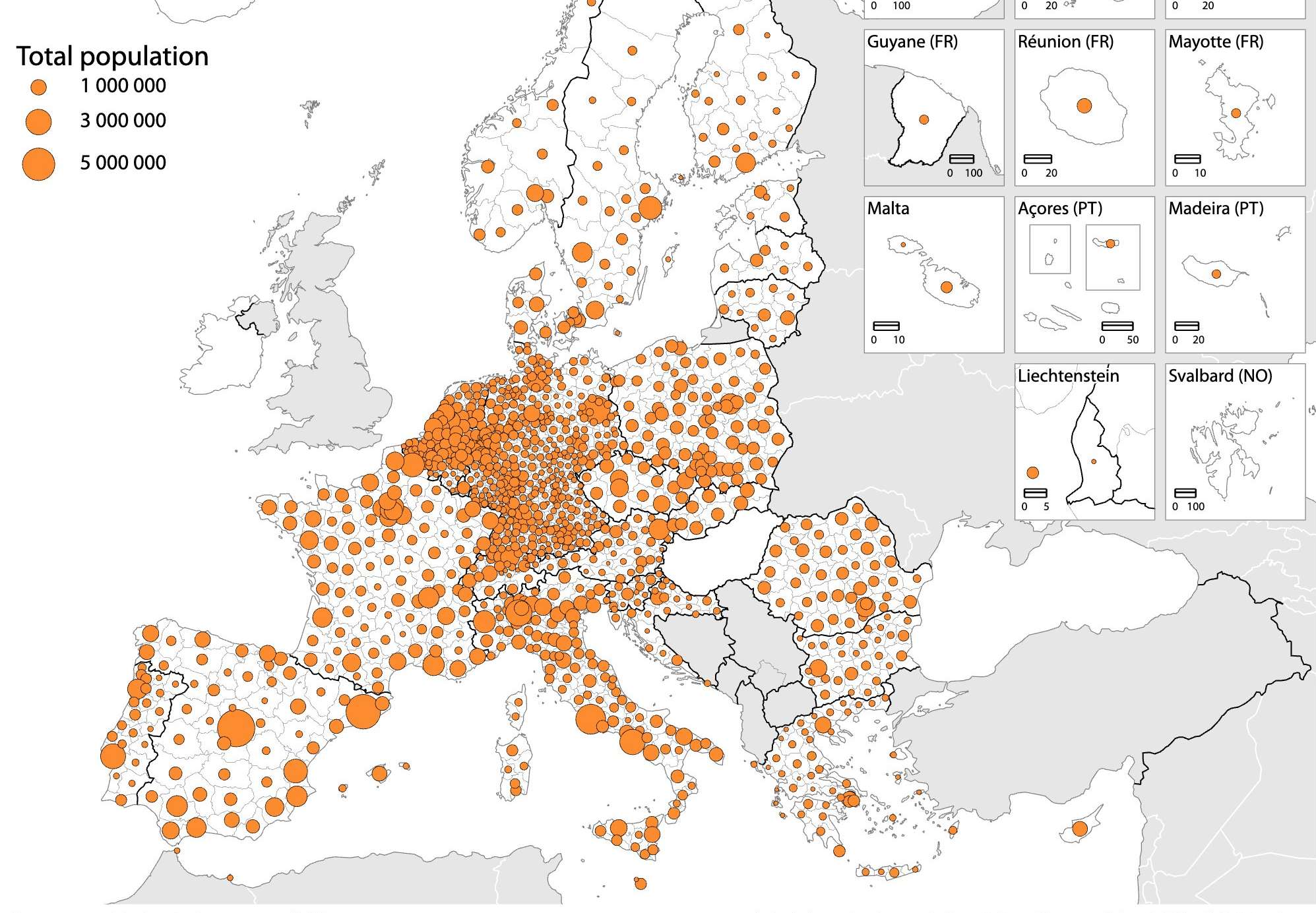 Mapa demográfico de la Unión Europea elaborado por Eurostat.