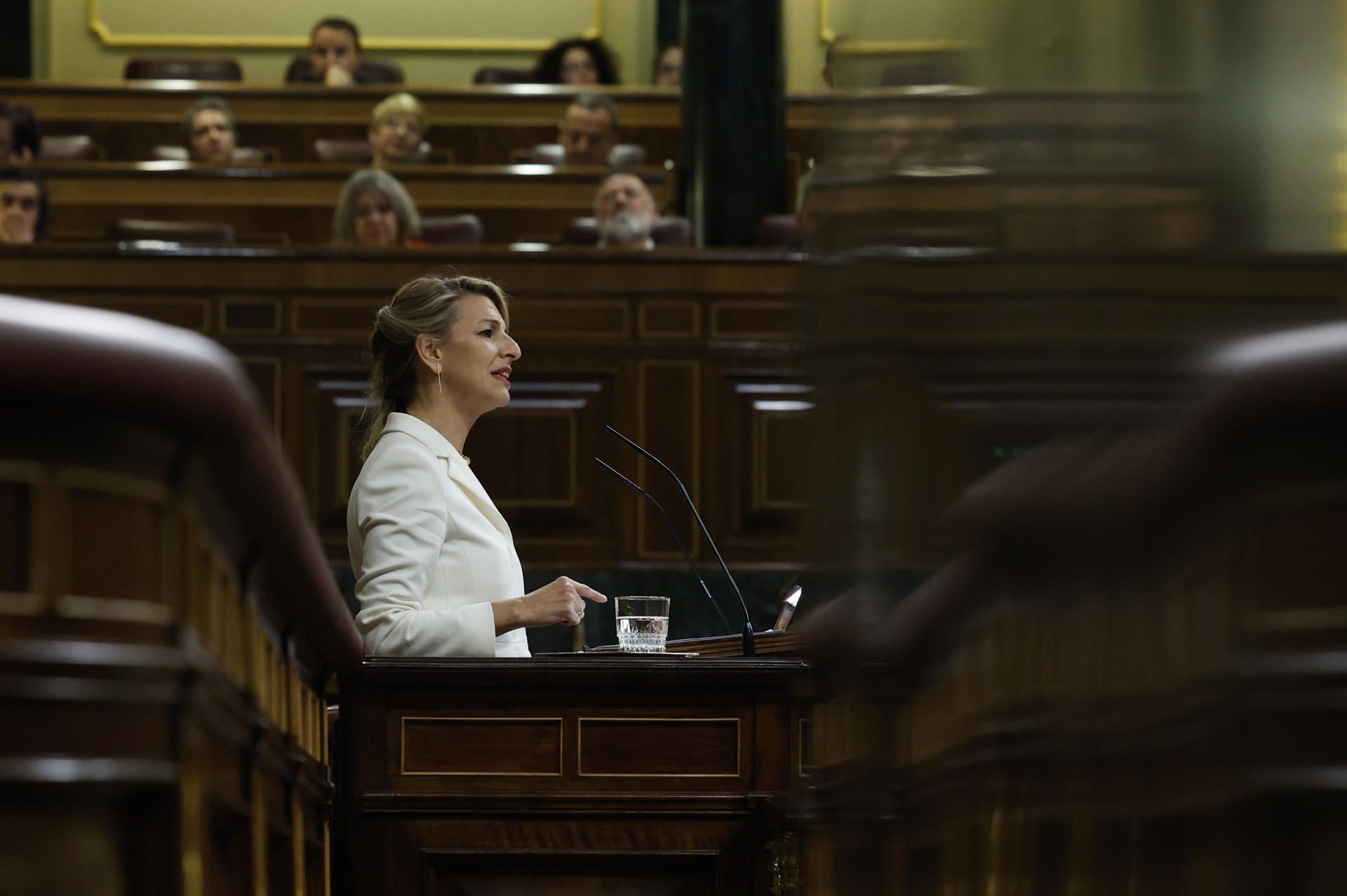 La vicepresidenta segunda y ministra de Trabajo y Economía Social, Yolanda Díaz durante su intervención en el debate de la moción de censura de Vox.