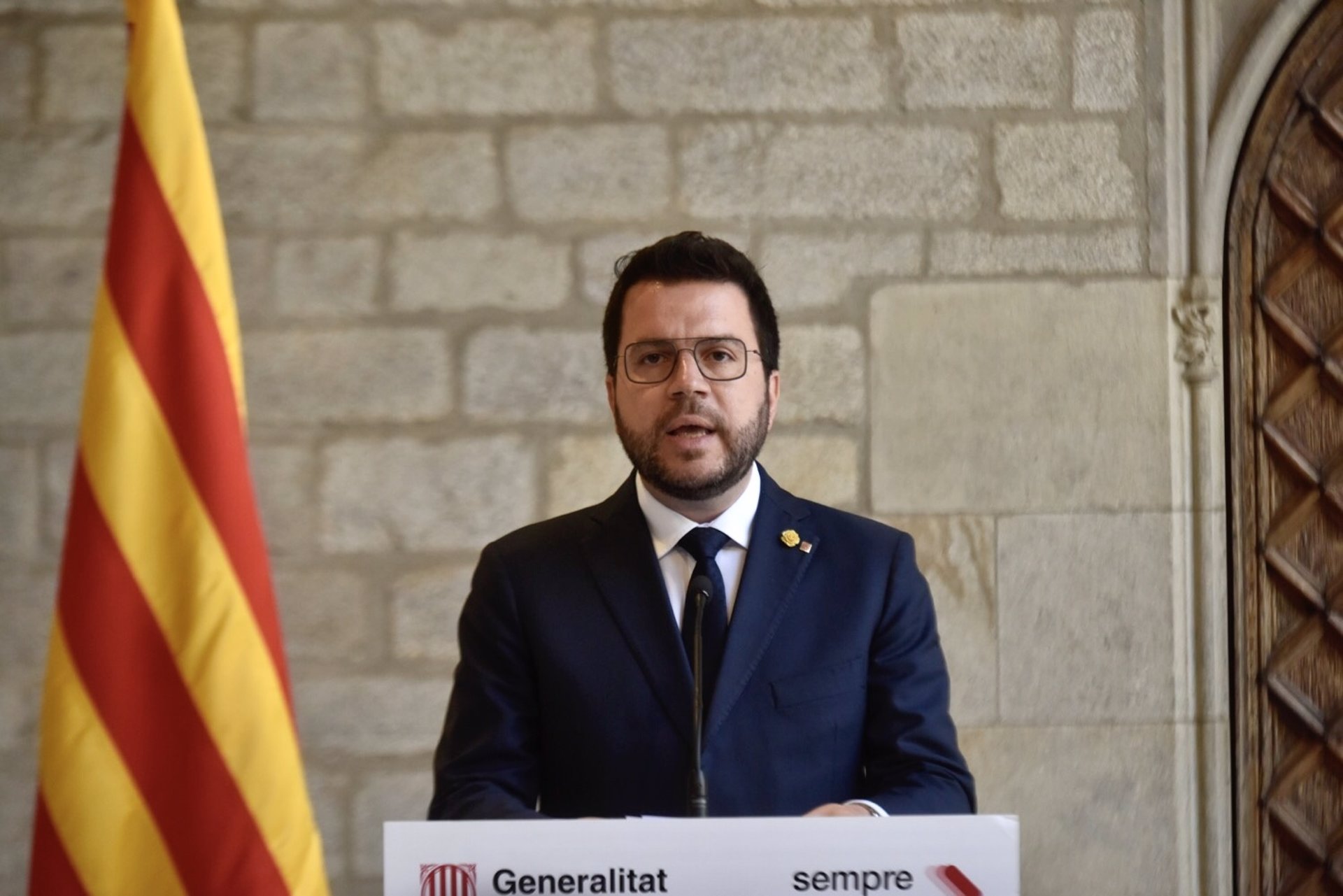 Comparecencia del presidente de la Generalitat, Pere Aragonès, este martes desde el Palau de la Generalitat.