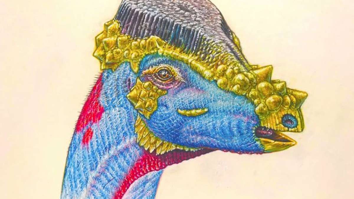 La representación de un artista de una especie de paquicefalosaurio recién descrita que se denominó Platytholus clemensi.