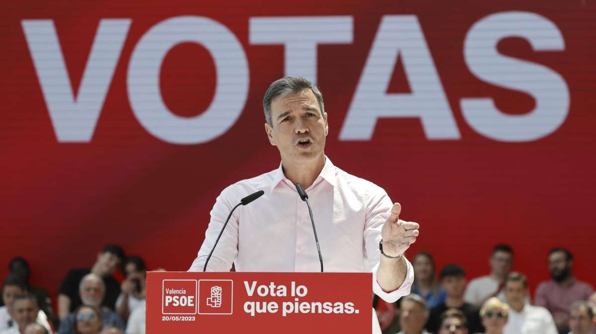 Pedro Sánchez, durante su intervención en un acto de campaña del 28M en la Comunidad Valenciana.