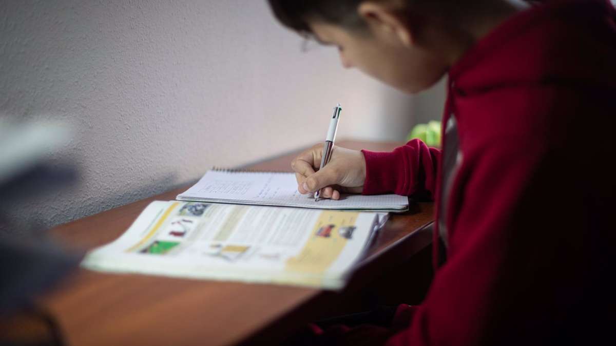 Un niño realiza sus deberes en su habitación