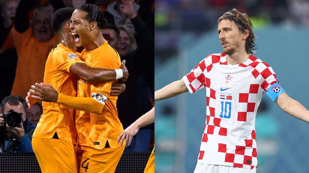 El neerlandés Virgil van Dijk celebra un gol y el croata Luka Modric se lamenta