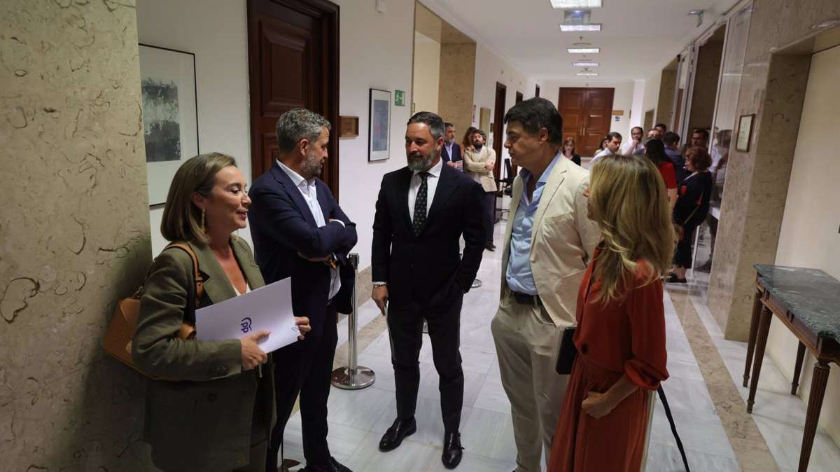 La secretaria general del PP, Cuca Gamarra (1i), el líder de Vox, Santiago Abascal (c) y la diputada del PP, Cayetana Álvarez de Toledo (1d) en el Congreso.