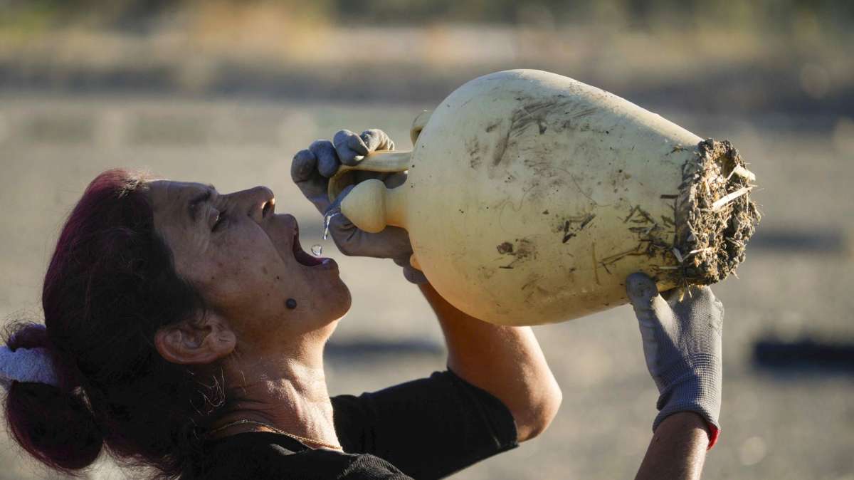 Una trabajadora se refresca bebiendo de un botijo en la localidad cordobesa de Montalbán