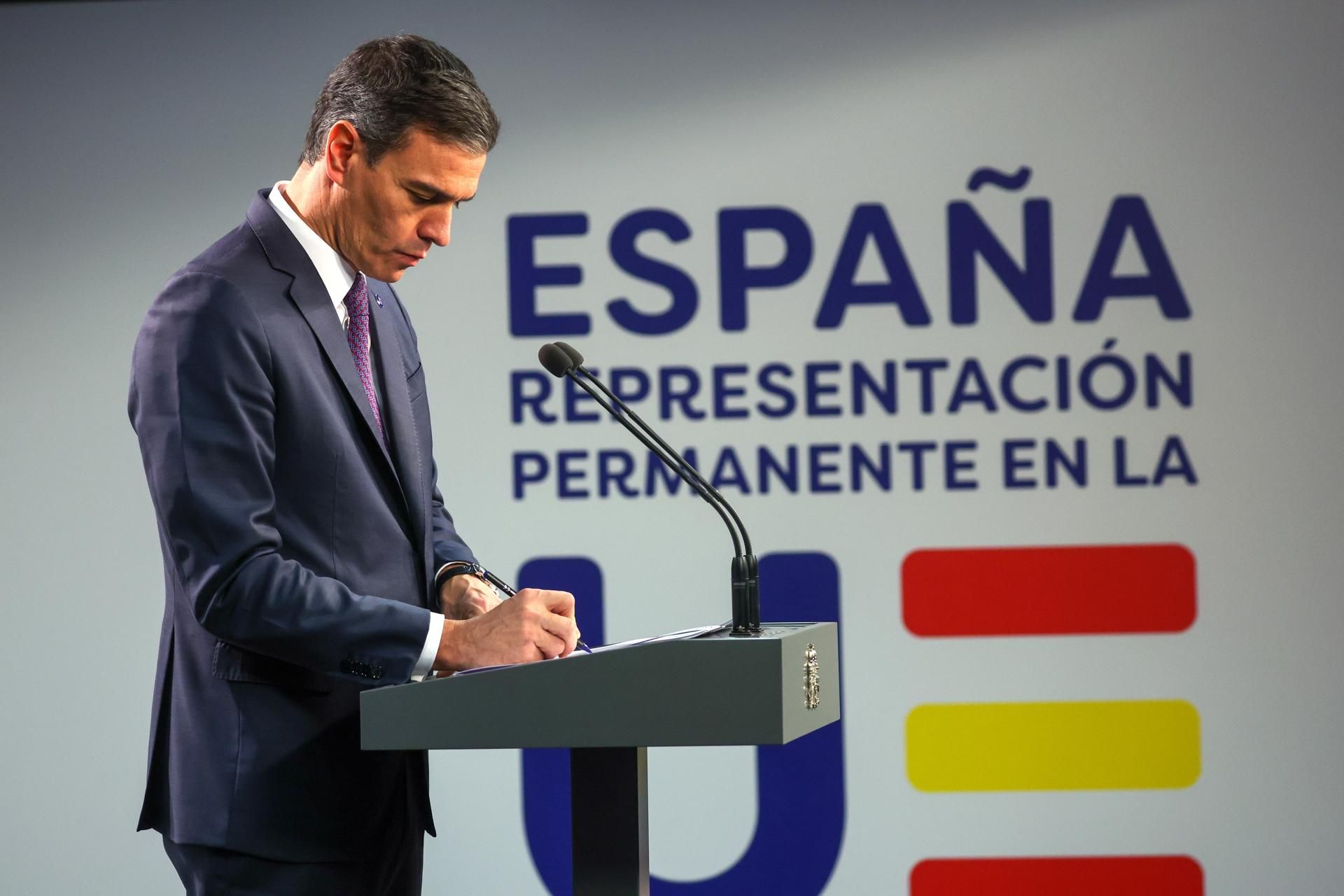 Pedro Sánchez, durante la rueda prensa que ha ofrecido en Bruselas tras el Consejo Europeo.