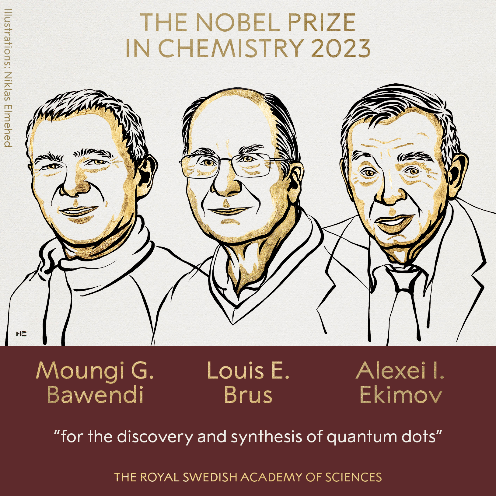 Los científicos Moungi G. Bawendi, Louis E. Brus y Alexei I. Ekimov.