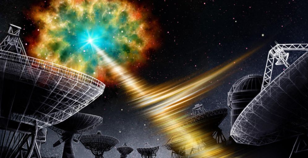 Impresión artística de un estallido rápido de radio emitido por el objeto denominado FRB 20190520B, que se encuentra dentro de una hipernebulosa.